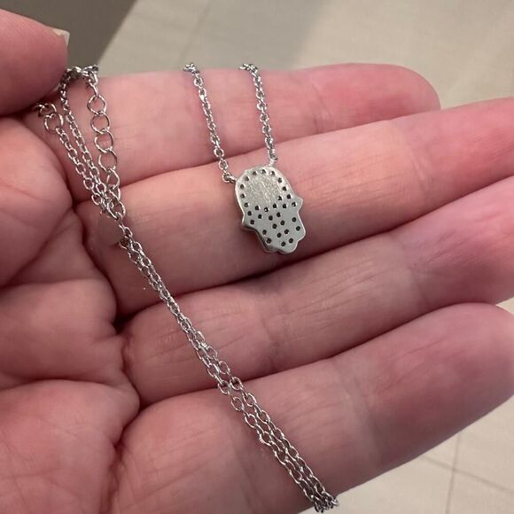Sterling Silver Hamsa CZ Necklace with Evil Eye, Minimalist, Protection - Picture 7 of 7